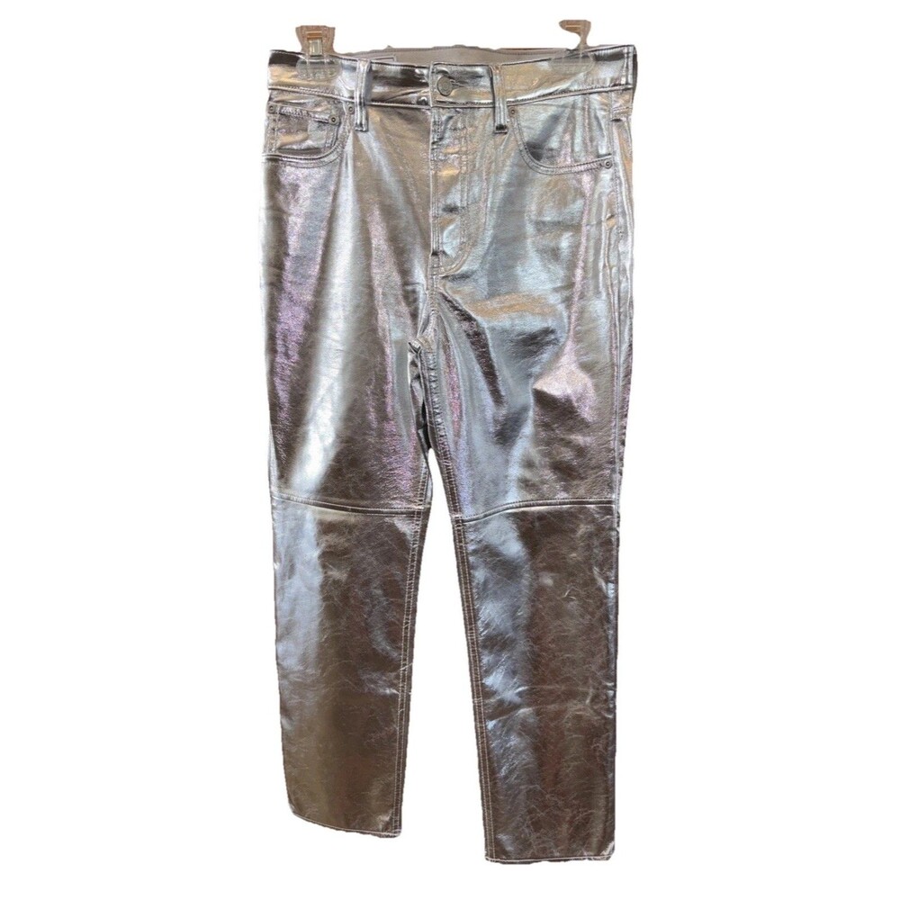 Gap Cheeky Straight High Rise Silver Metallic Jeans Women 6R 28 Vegan Zip Pocket